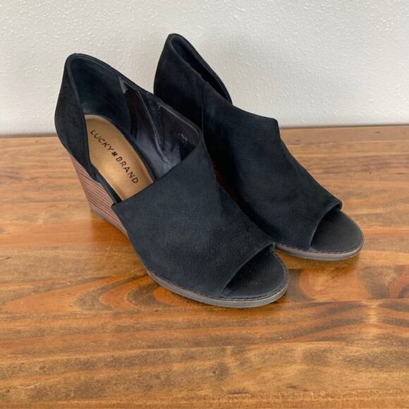 Lucky Brand Black Open Toe Wedge Tylera Booties - SIze 8 - Picture 1 of 10